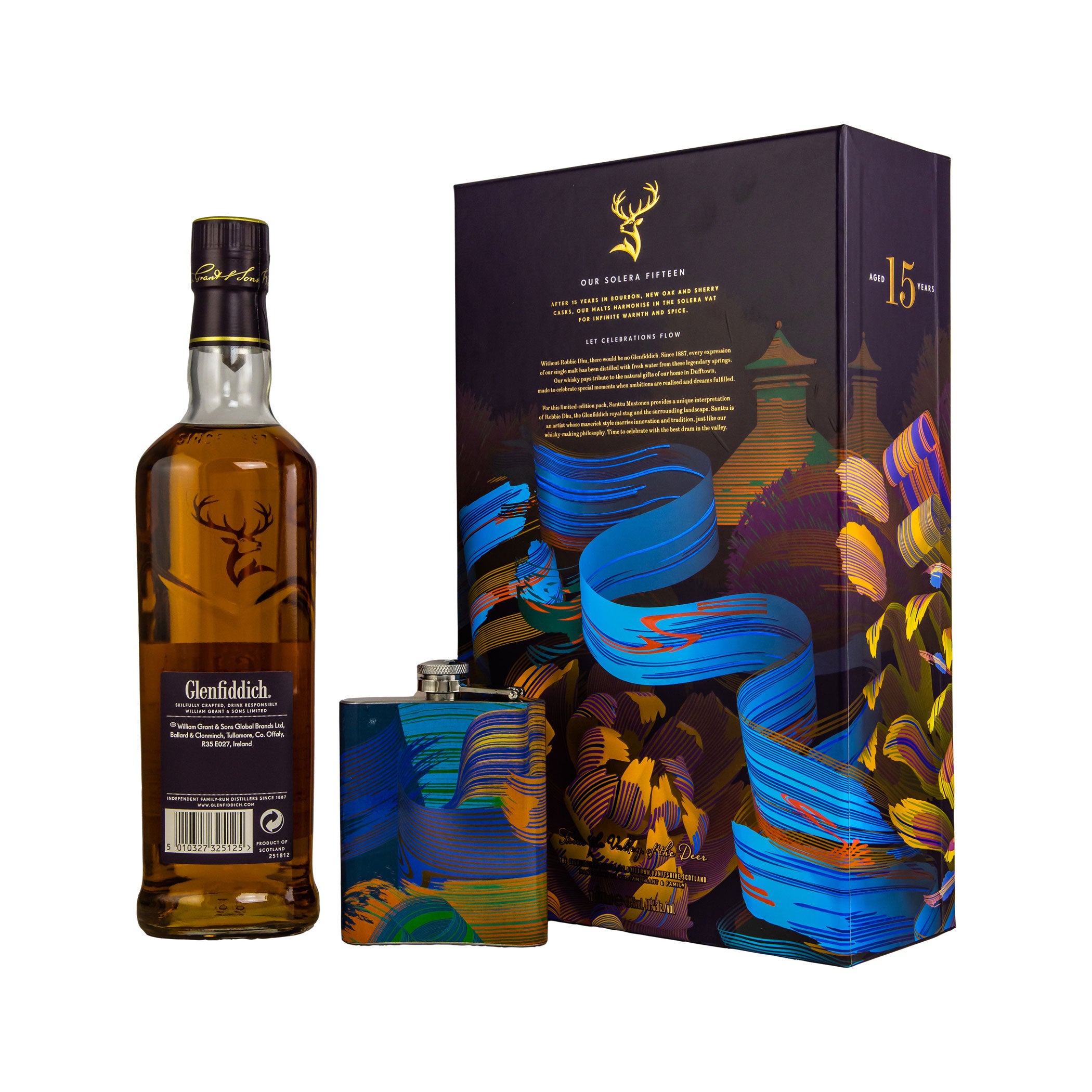 Glenfiddich 15 Year Old Solera - Limited Design + Hip Flask - Speyside Single Malt Scotch Whisky