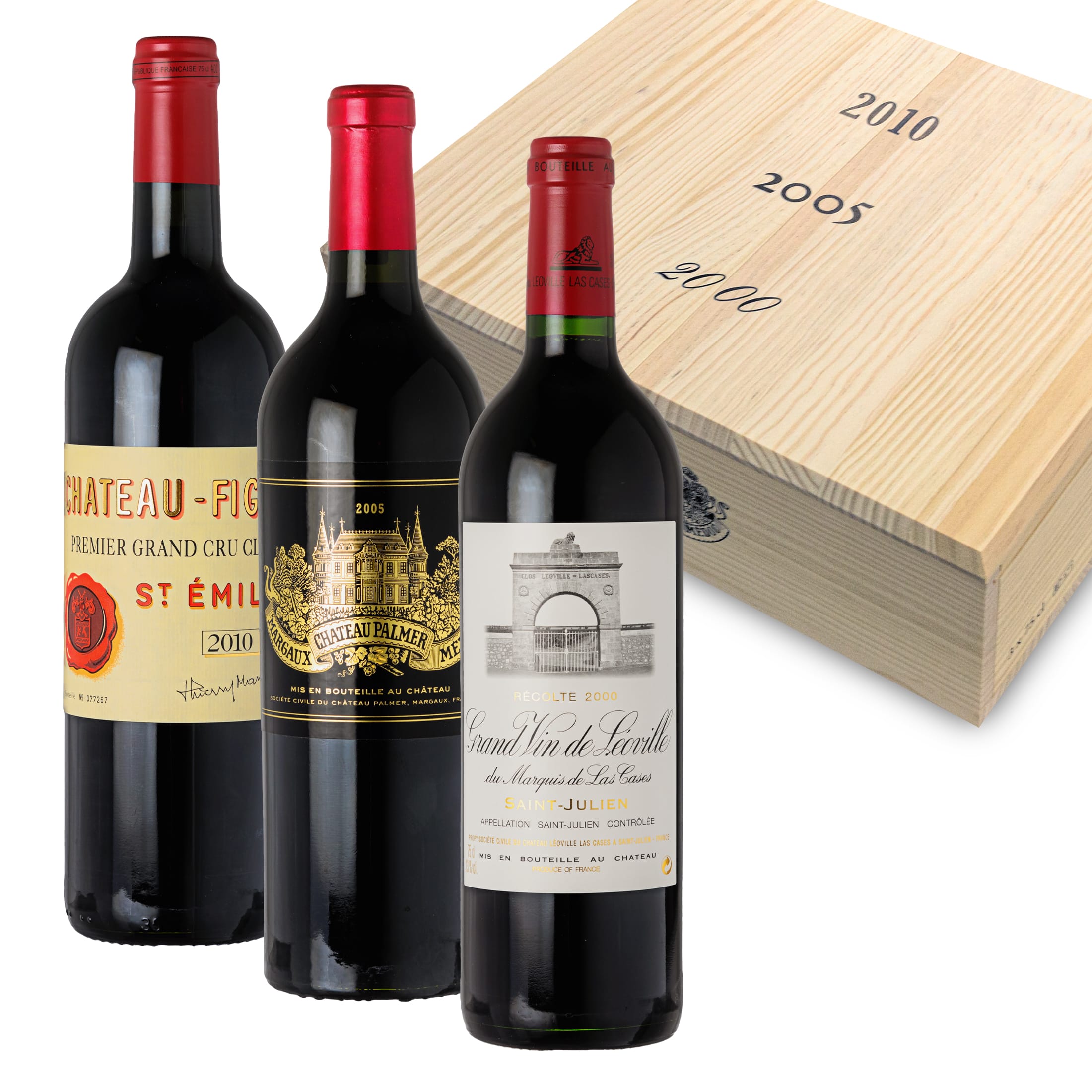 Figeac 2010, Palmer 2005, Leoville Las Cases 2000 Collector's Box - 3 bottles dry red wine (0.75 l) in limited wooden box