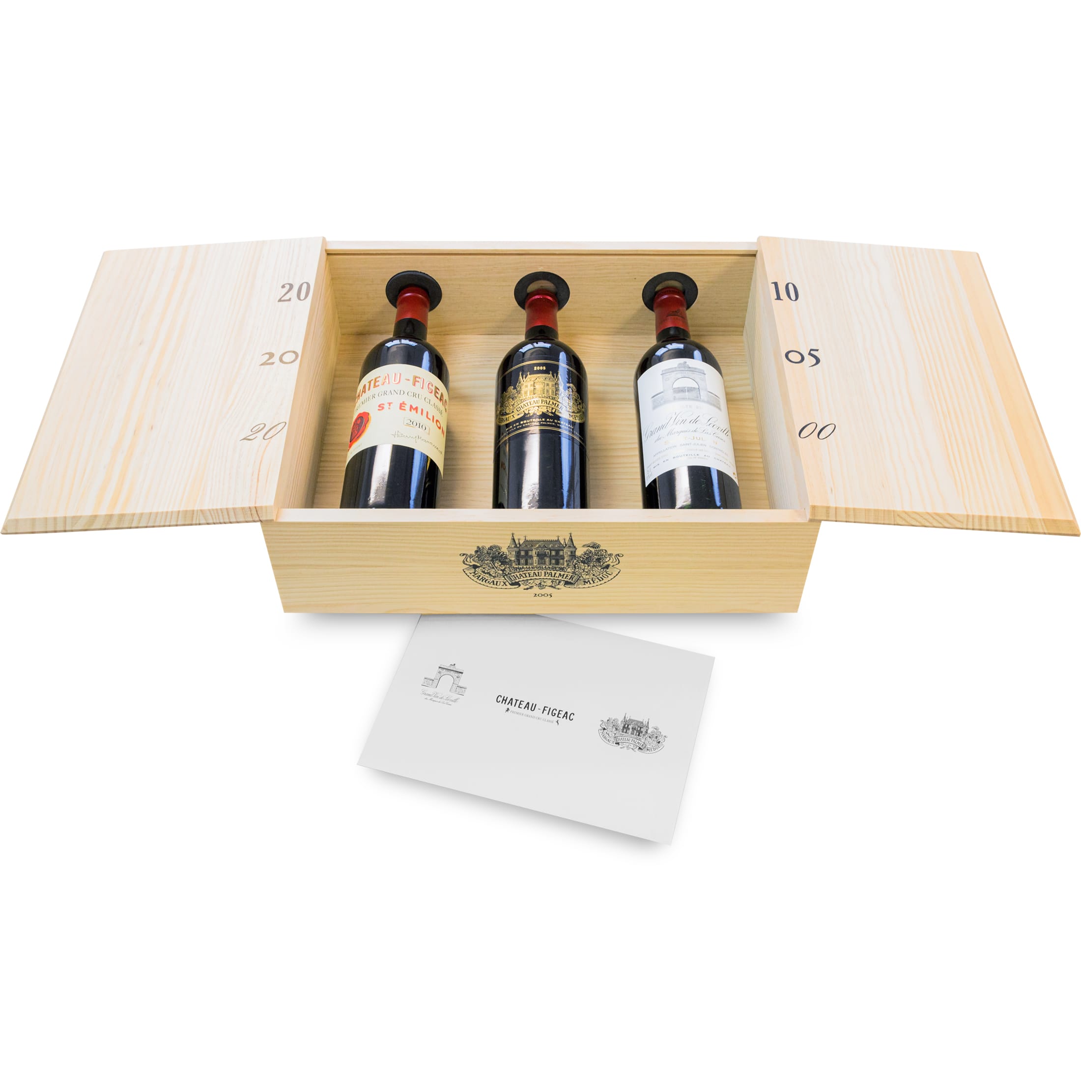 Figeac 2010, Palmer 2005, Leoville Las Cases 2000 Collector's Box - 3 bottles dry red wine (0.75 l) in limited wooden box