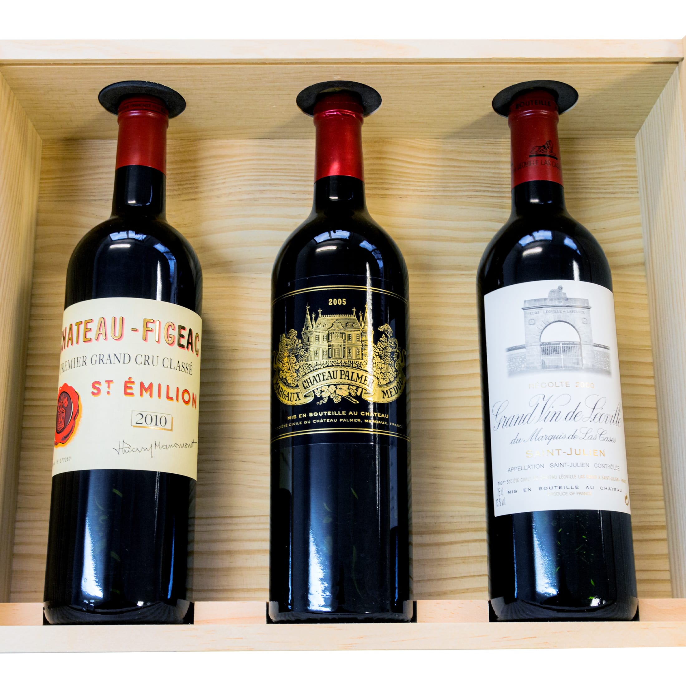 Figeac 2010, Palmer 2005, Leoville Las Cases 2000 Collector's Box - 3 bottles dry red wine (0.75 l) in limited wooden box