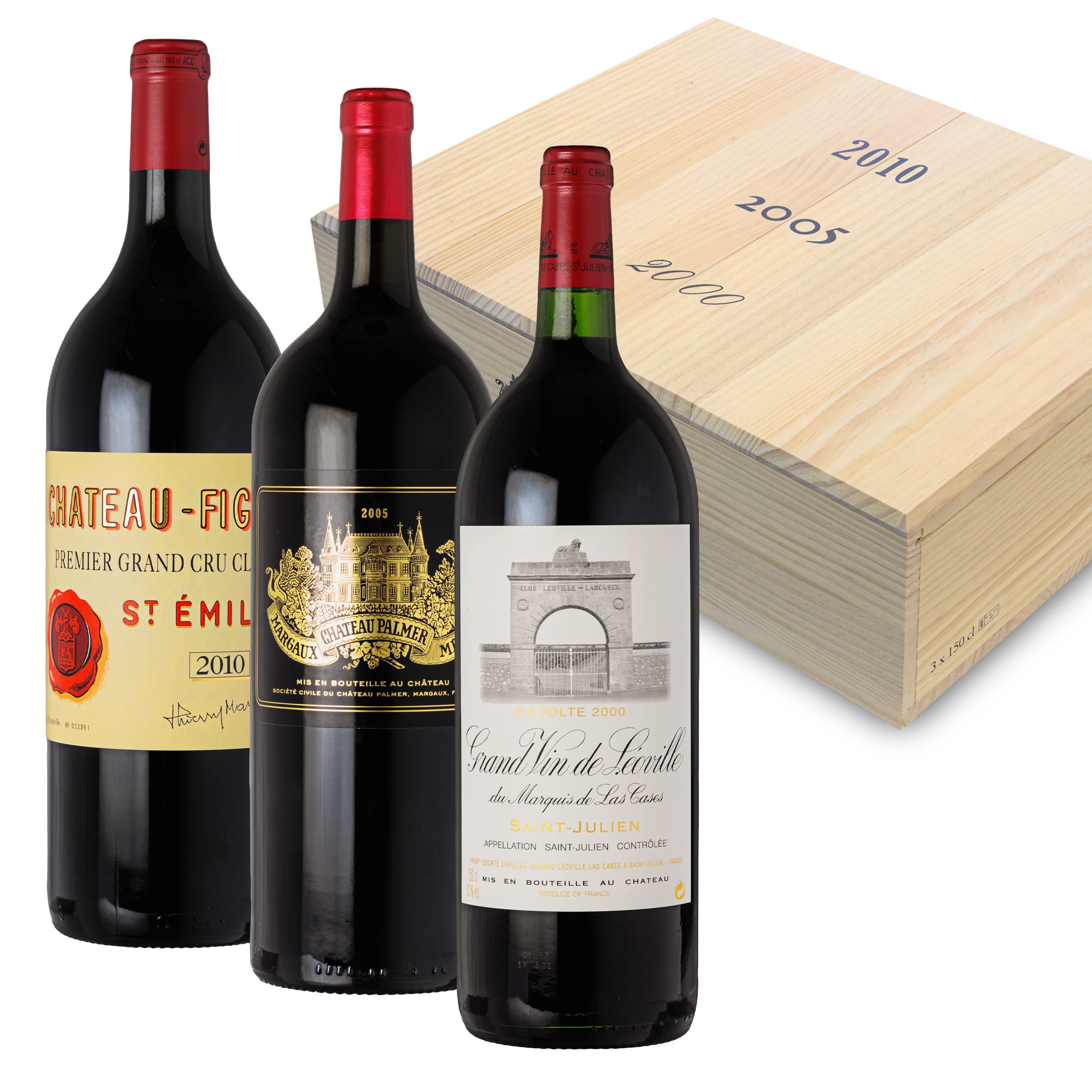 Figeac 2010, Palmer 2005, Leoville Las Cases 2000 Magnum Collector's Box - 3 bottles of dry red wine (1.5 L) in a limited edition wooden box