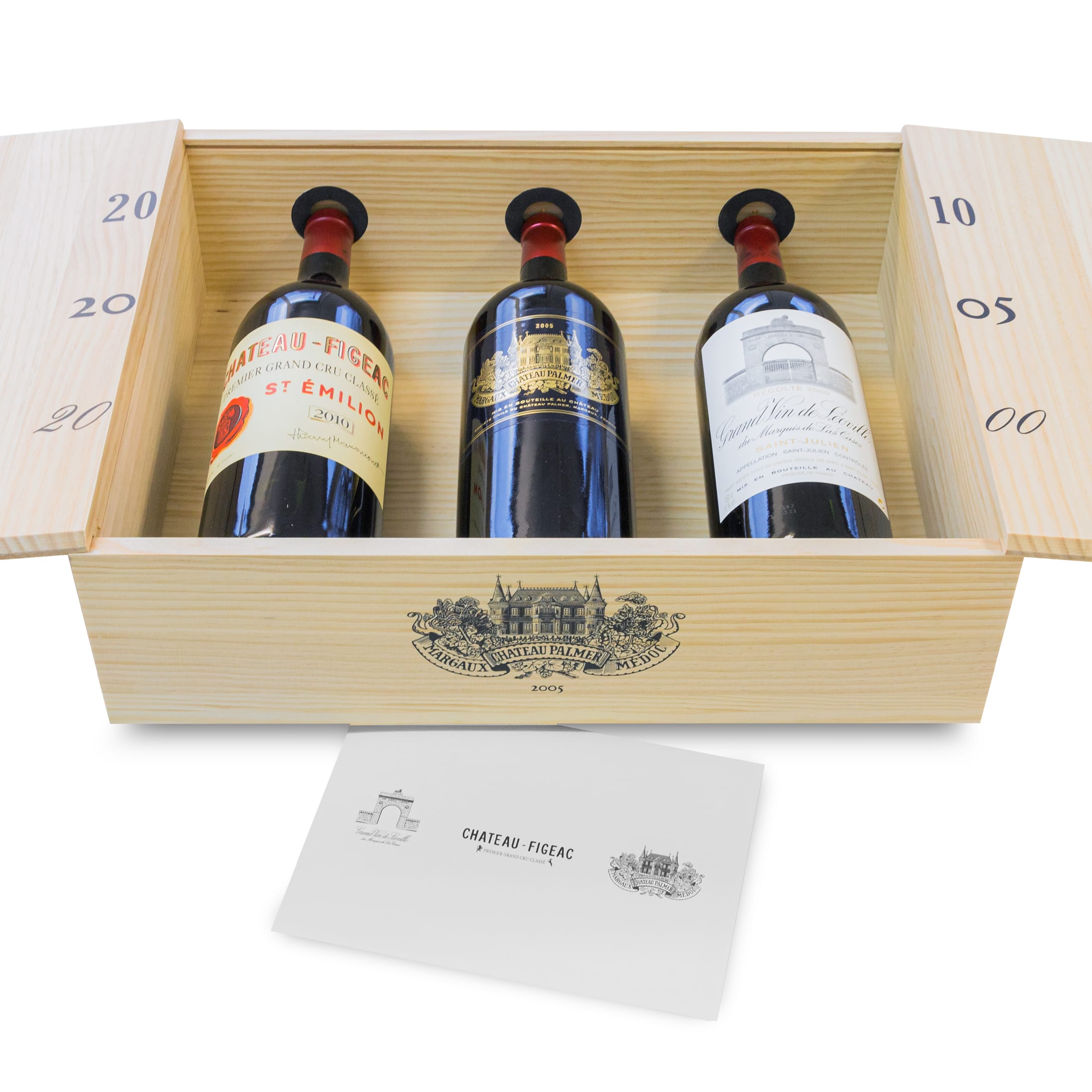 Figeac 2010, Palmer 2005, Leoville Las Cases 2000 Magnum Collector's Box - 3 bottles of dry red wine (1.5 L) in a limited edition wooden box