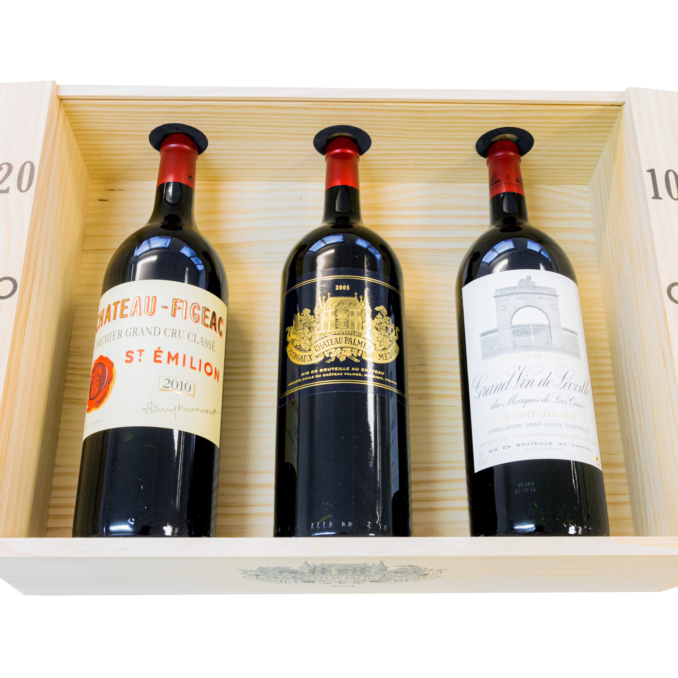 Figeac 2010, Palmer 2005, Leoville Las Cases 2000 Magnum Collector's Box - 3 bottles of dry red wine (1.5 L) in a limited edition wooden box