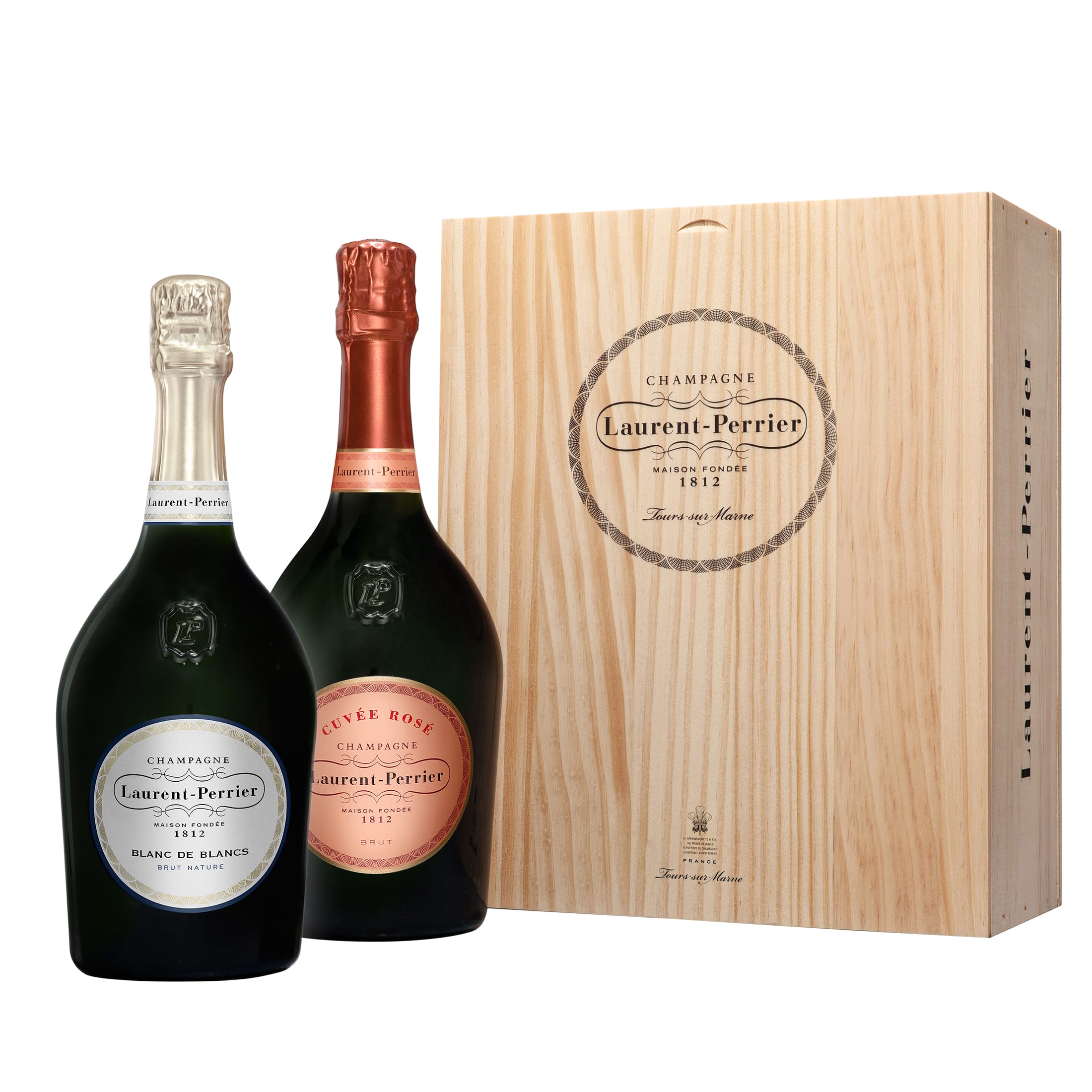 Champagne Laurent-Perrier Cuvée Rosé Brut und Champagne Blanc de Blancs in Holzkiste - limitierte Auflage