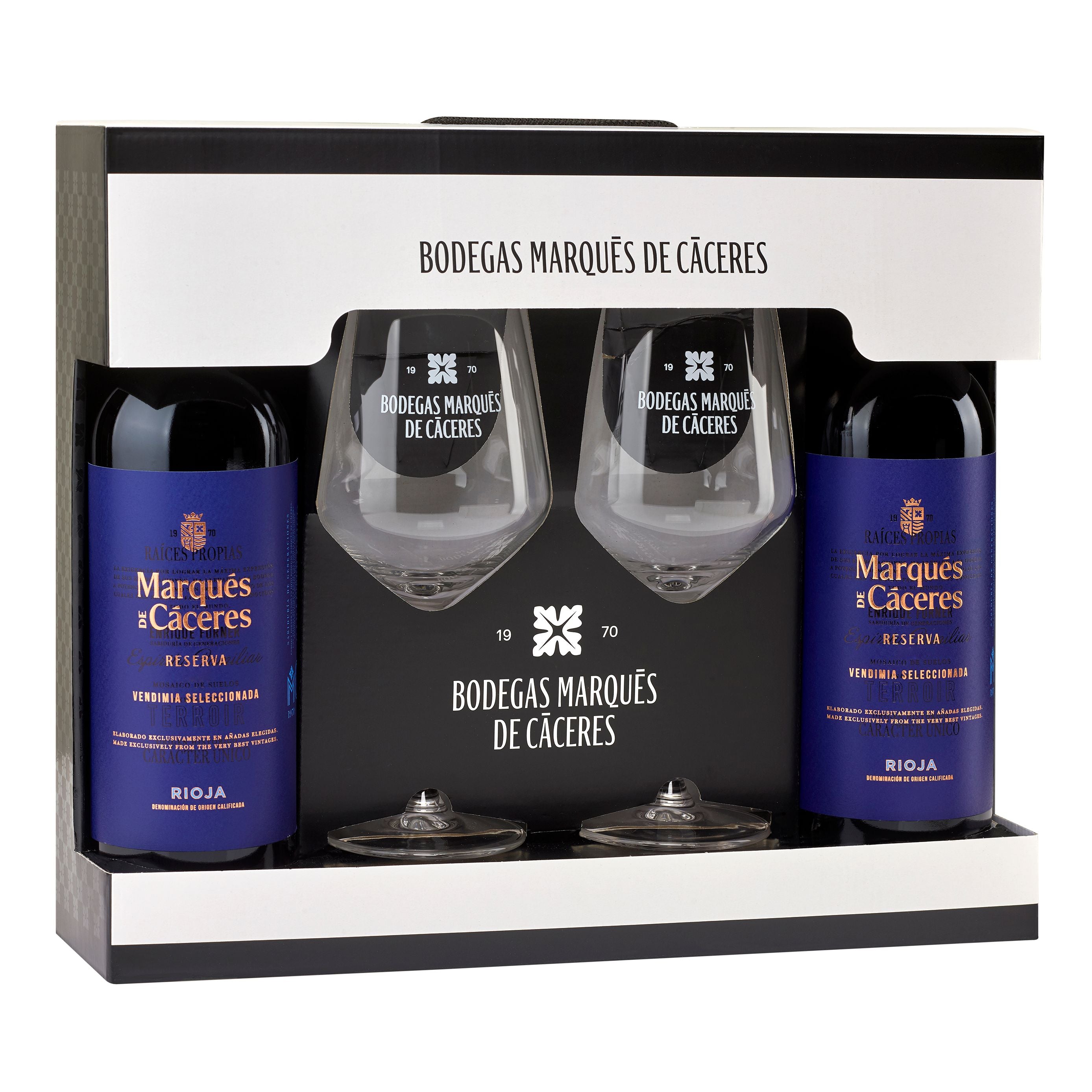 Bodegas Marqués de Cáceres Reserva Rotwein Geschenkset 2019 2 Flaschen je 0,75L inkl. 2 Gläser 14,5% vol