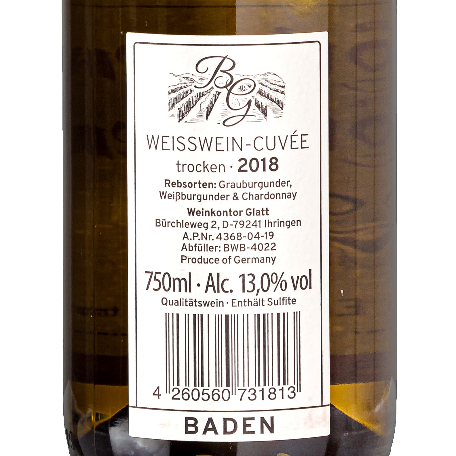 Dry white wine 2018 | Fruity-fresh blend of Pinot Gris, Pinot Blanc, Chardonnay | WBK Glatt - Ihringen am Kaiserstuhl/Baden, Germany