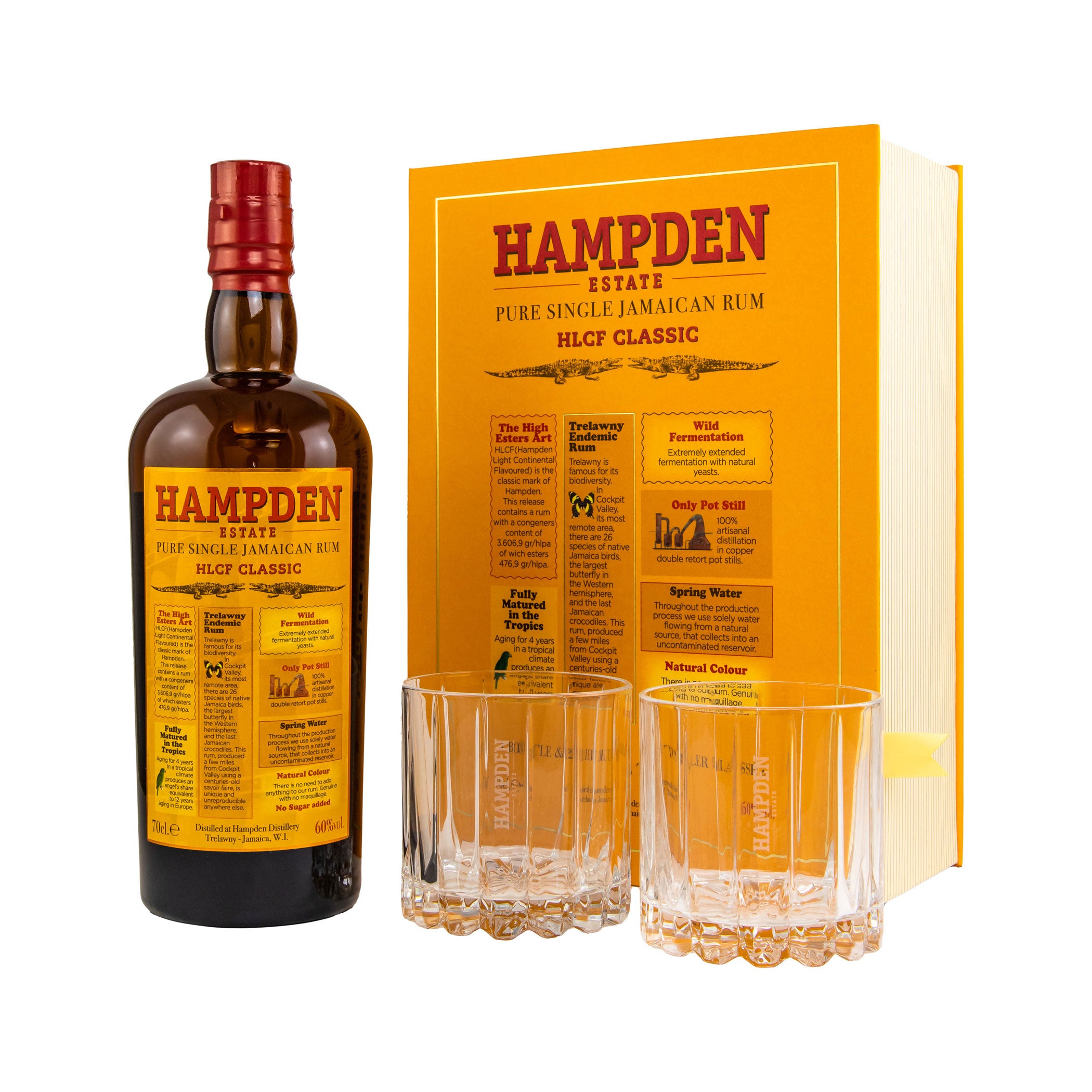 HAMPDEN HLCF Classic - Pure Single Jamaican Rum 60% in Book + 2 Glasses