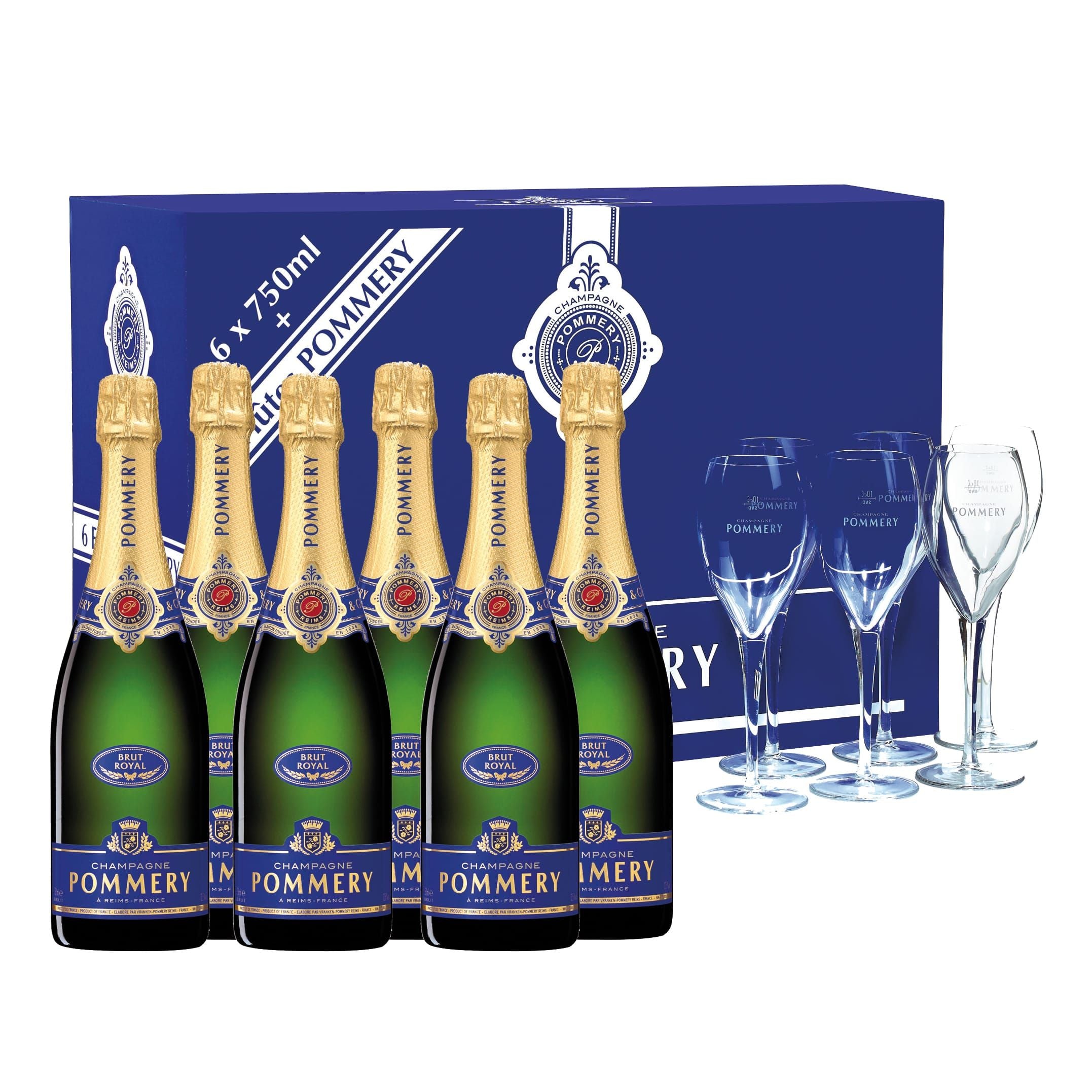 Pommery Brut Royal Geschenkset: 6 Flaschen + 6 Gläser