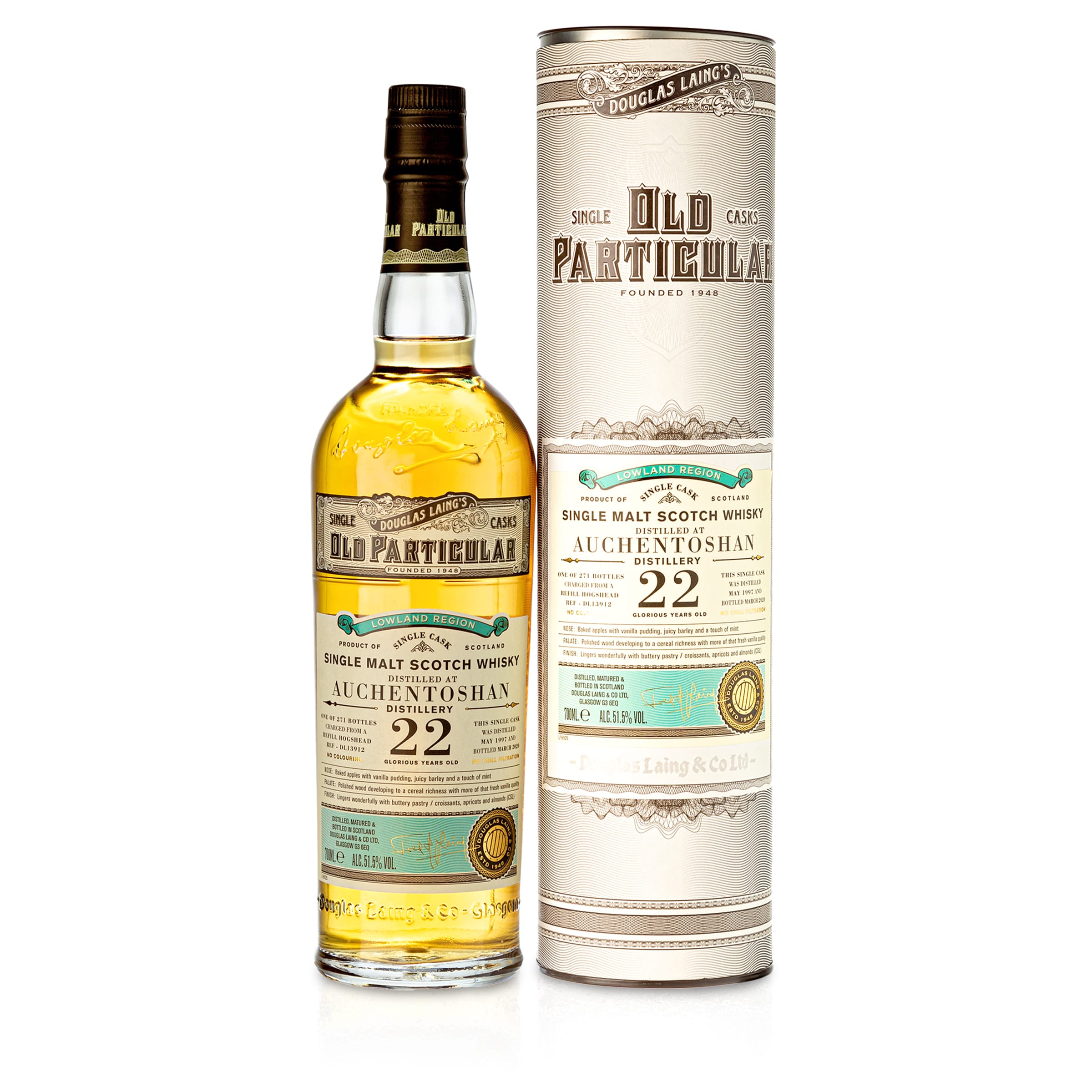 1 Flasche Auchentoshan 22 YO Old Particular Douglas Laing in Tube Vorderseite
