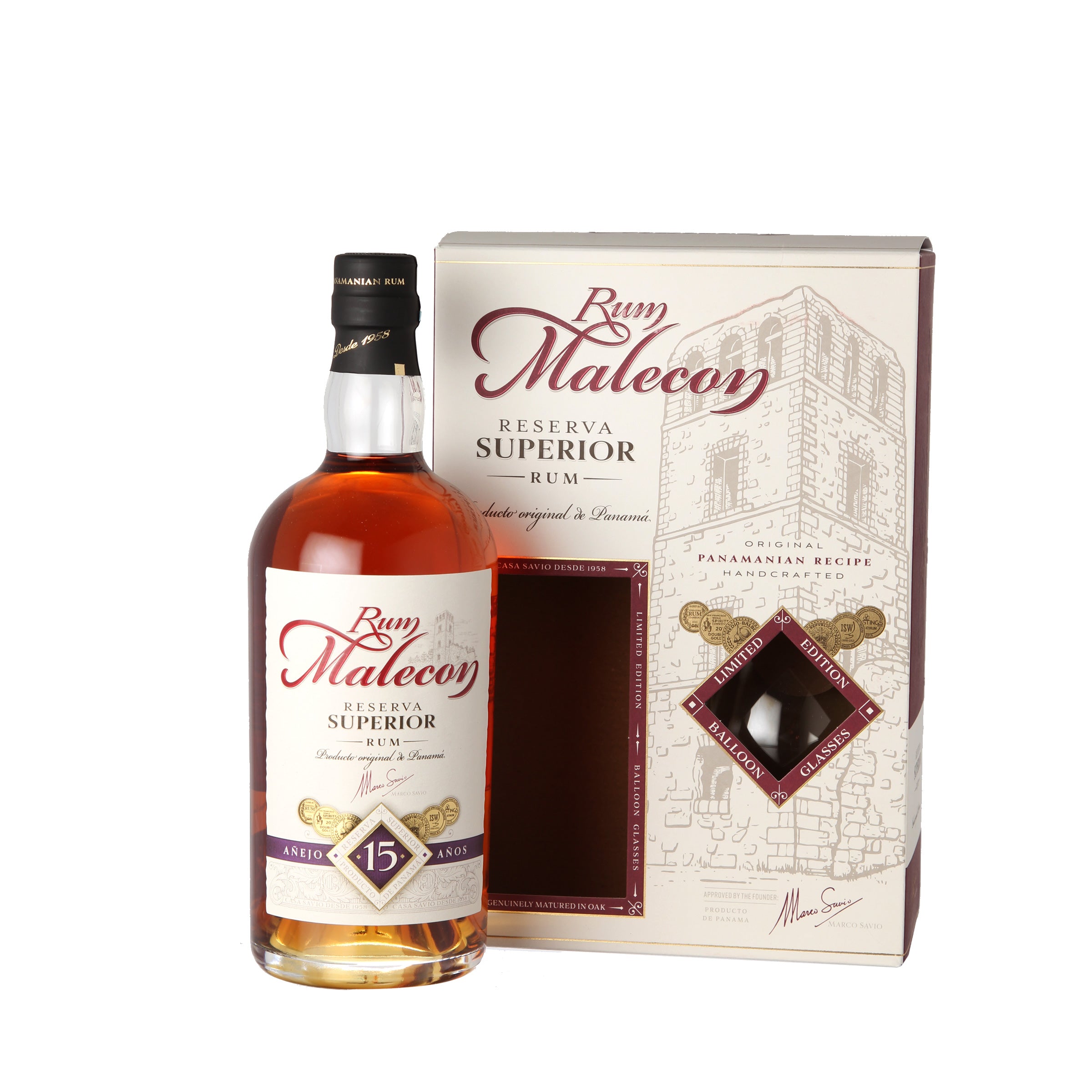 Rum Malecon 15 Years Old - Rum from Panama in gift box +2 glasses