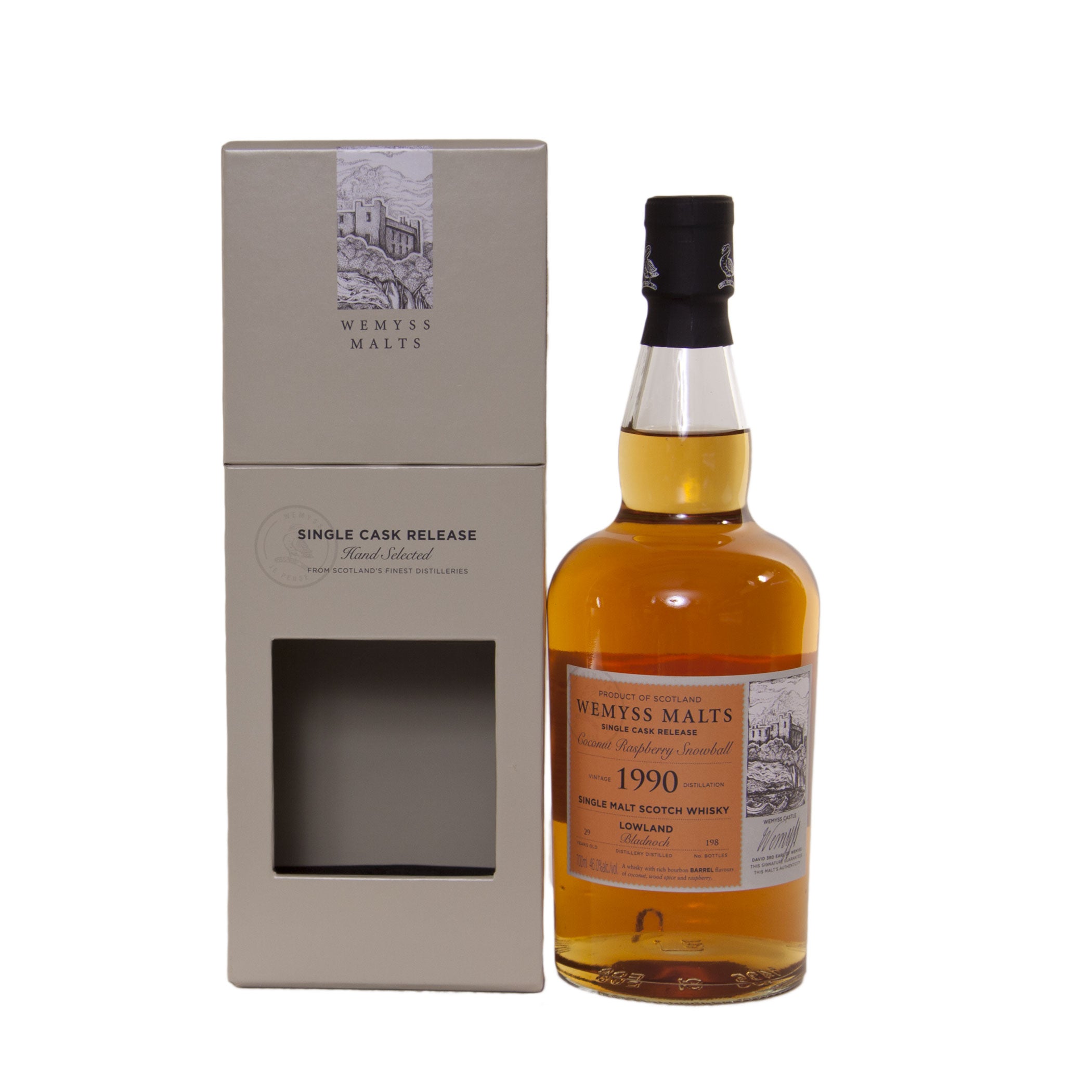 Wemyss, Bladnoch "Coconut Raspberry Snowball", 1990, 29 Years Old, 46%