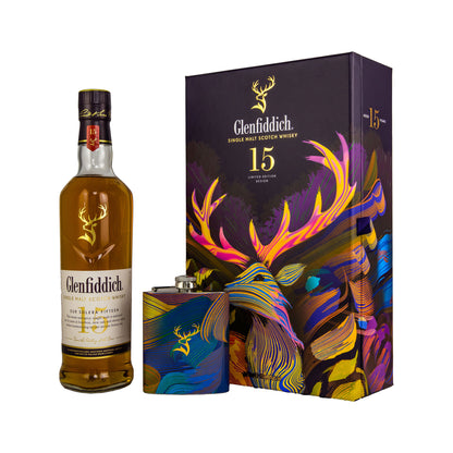 Glenfiddich 15 Year Old Solera - Limited Design + Hip Flask - Speyside Single Malt Scotch Whisky