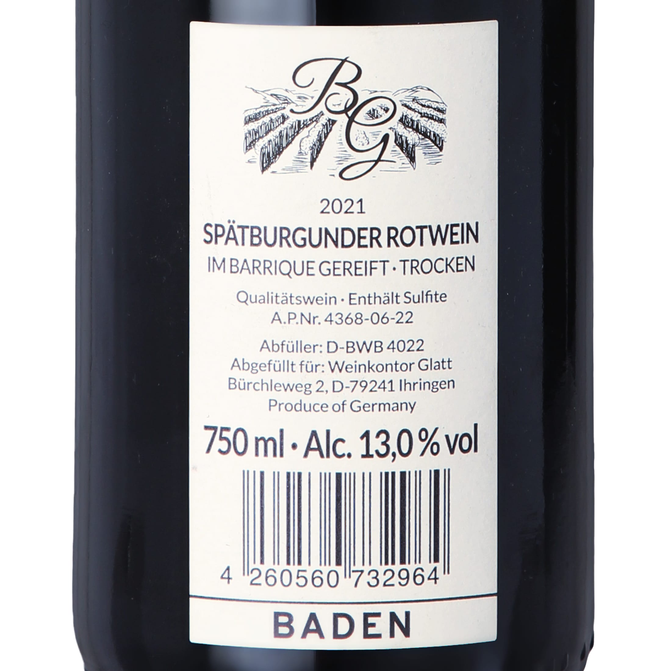 2021 Pinot Noir Barrique Dry Red Wine • GLATT • Quality Wine from Kaiserstuhl/Baden, Germany
