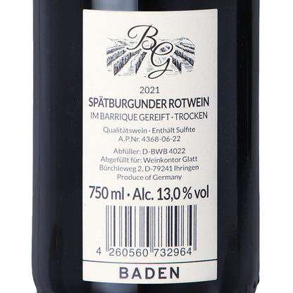 2021 Pinot Noir Barrique Dry Red Wine • GLATT • Quality Wine from Kaiserstuhl/Baden, Germany