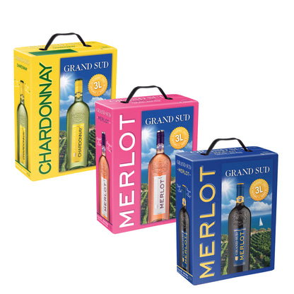 Grand Sud - Bag in Box Selection - 3x 3L BIB Set - Merlot Red Wine, Merlot Rosé, Chardonnay White Wine